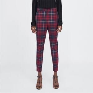 NWOT Zara Basic Red and Navy Plaid Tartan Trousers -Size L